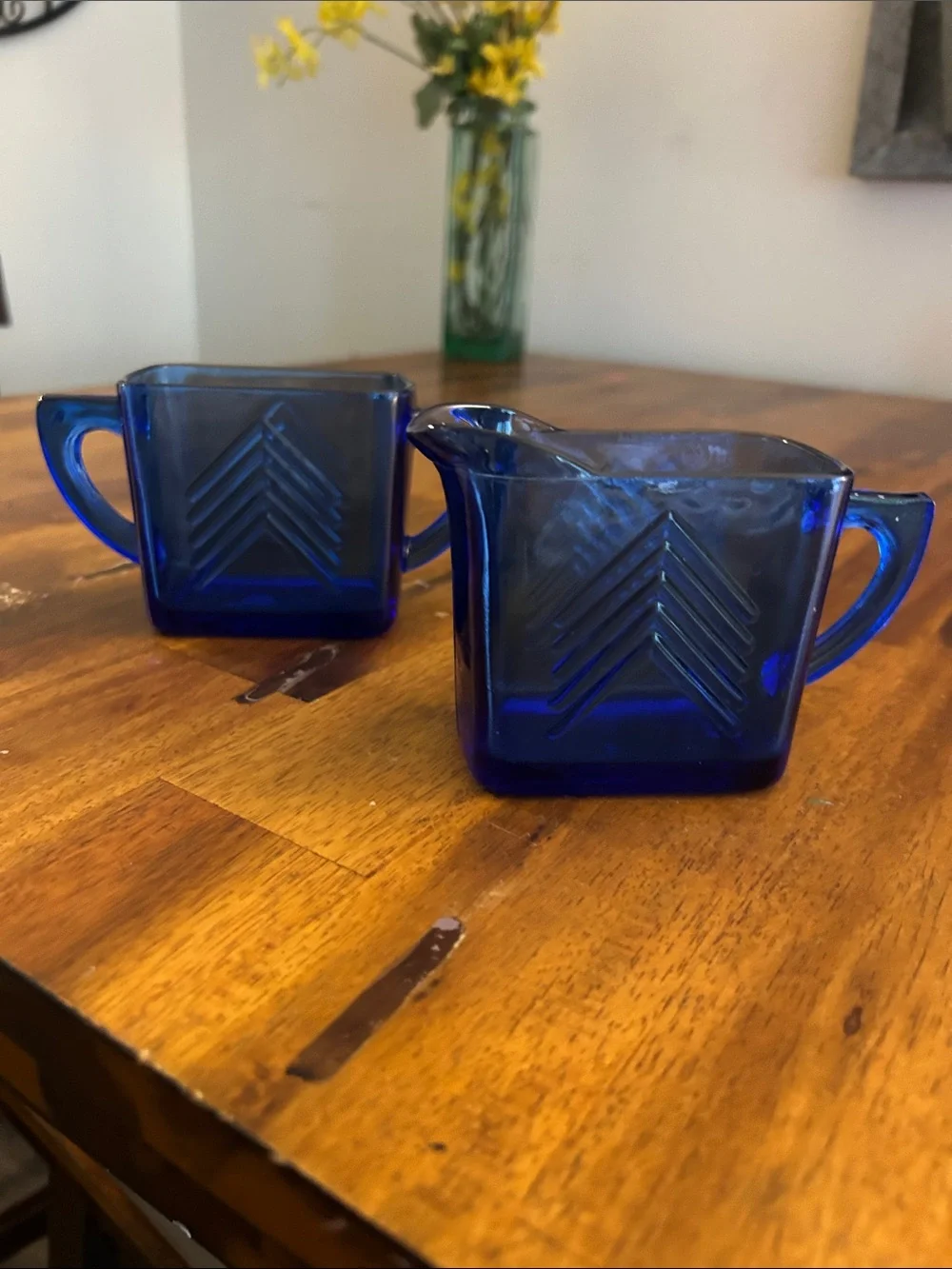 Vintage Hazel Atlas Cobalt Blue Art Deco Chevron Glass Creamer and Sugar Set